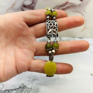 Artisan Silver and Olive Green Stone Agate Beaded Bracelet